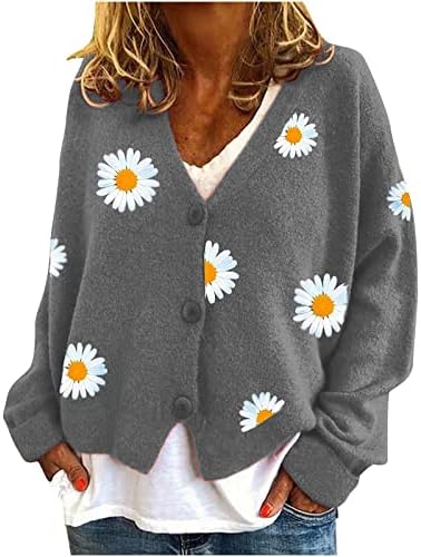 Ženski cvjetni cvjetni print pleteni džemper dugi rukav v gumb za vrat dolje kardigan otvoreni prednji kaput 90s gornje odjeće