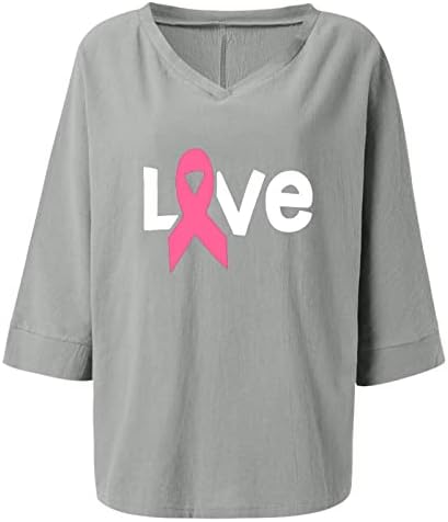 3/4 ženska ležerna lanena košulja s rukavima šišmiš, bluza za svijest o raku dojke, gornji dio s izrezom u obliku slova u, slatka majica