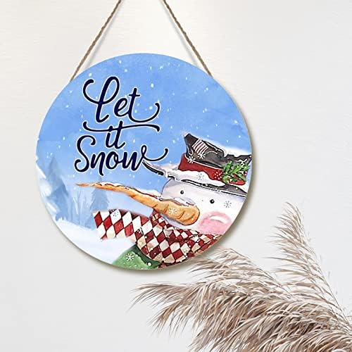 Božićni natpis za okrugle vrata pustio je snježni drveni znak zapadni božićni snjegović drveni zid umjetnički znak zimski plavo nebo