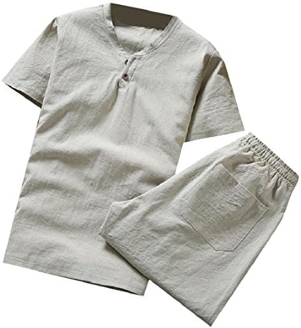 KAWAYI MENS Dvodijelni predimenzionalni laneni laneni košulja od čvrste boje i hlače za crtanje odijela