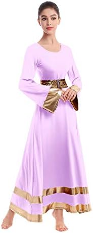 Žene Metallic Pohvale plesna haljina zvono duge rukave Liturgijske tuničke suknje+šljokice za kostim za bogoslužje pojasa