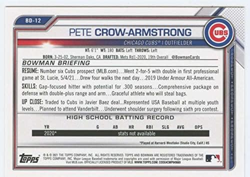 2021. Bowman Nacrt BD-12 Pete Crow-Armstrong RC Rookie Chicago Cubs MLB Trgovačka karta za bejzbol