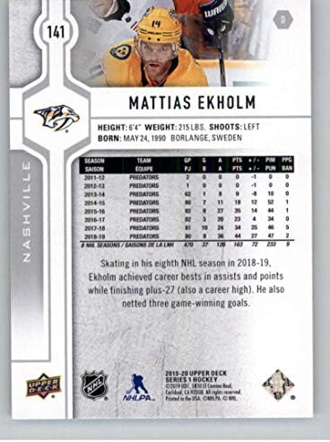 2019-20 Gornja paluba 141 Mattias Ekholm Nashville Predators NHL Trgovačka karta hokeja