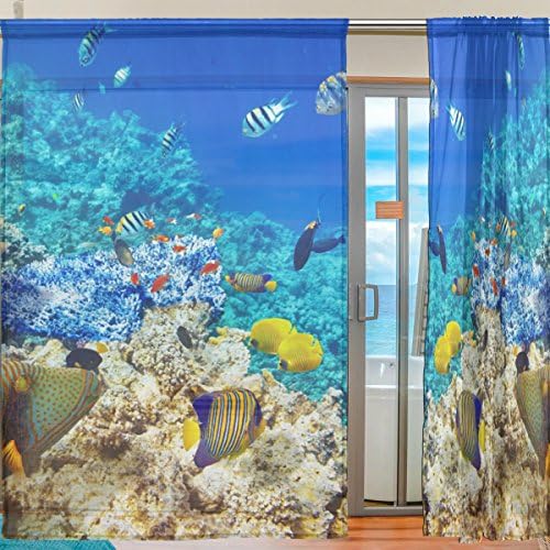 Cvjetni podvodni koralji Tropska riba polu-čista zavjesa prozori Voile Dlapes Ploče tretman-55x84in za dječju sobu za spavaću sobu