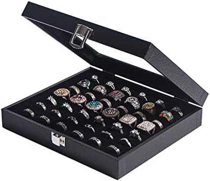 Kutija za organiziranje prstena s 42 utora, crne kutije za odlaganje nakita za više prstenova, stakleni poklopac koji se može složiti.