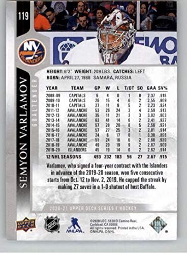2020-21 Gornja paluba 119 Semyon Varlamov New York Islanders NHL Trgovačka kartica