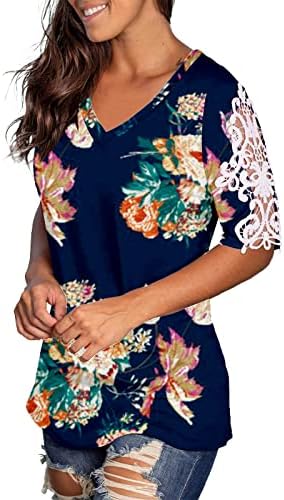 Weny ljetni vrhovi za žene plaže, ženska cvjetni print čipka v vrat kratke rukave košulje casual labave ljetne vrhove
