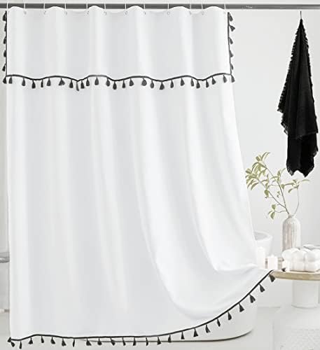 Felisa Farmhouse Boho Tuš zavjesa za kupaonicu, bijela zavjesa za tuširanje s valanom i crnom ručno izrađenom tasnom, strojno pranje,