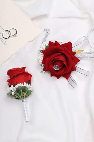 FAYBOX 2 pakiranje vjenčanog zgloba korze i boutonniere set za mladenku, djeveruše, čovječe, mladoženja, cvjetaste cvjetove s crvenim