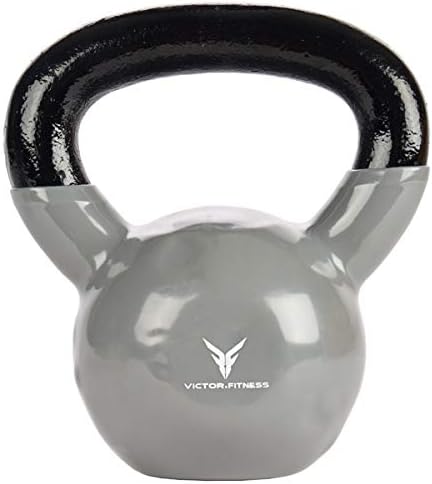 Victor Fitness čvrsto od lijevanog željeza vinil obložena srebrnim kettlebell s širokom ručkom za jednostavnu zalivu. Izvrsno za trening
