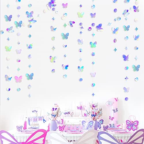 ružičasti i plavi vijenac od leptira od holografskog papira, viseći krug, točka, zvijezda, leptiri, Stretch banner za proljeće, rođendan,