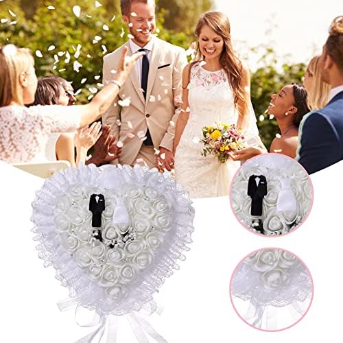 Bijeli jastuk za vjenčani prsten u obliku srca, kutija za Prsten u obliku srca s čipkastim rubom, držač prstena s vrpcom s ružama za