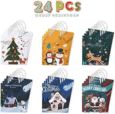 24pcs božićne poklon vrećice 7,3, 4,8,8 inča, 6 stilova poklon vrećica na veliko s ručkama, male poklon vrećice za višekratnu upotrebu,