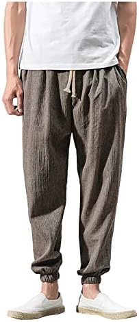 Muške čvrste boje elastični struk devete hlače pamučne lanene sektore hlače nogu hlače retro labave hlače za šivanje