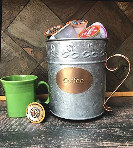 Organizator mahuna za kavu u jesenskoj uličici-rustikalna pocinčana dvobojna košara za pult – Vintage bakrena naljepnica i ručka-industrijski