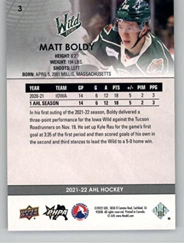 2021-22 Gornja paluba AHL 3 Matt Boldy RC Rookie Iowa Wild Hockey Card