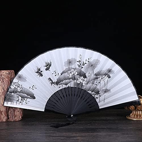 Ručni ventilator za presavijanje - kineski stil ribnjaka lotus uzorak uzorka tassel Ladies Handheld Fan, svilene drvene kosti prijenosni