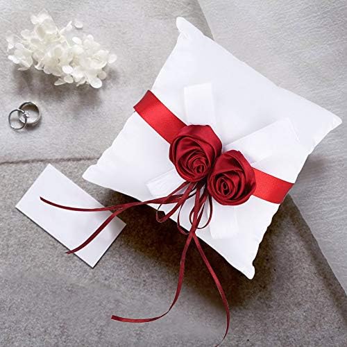 Jastuk za zaručnički prsten za vjenčanje, bijeli stilski jastuk za vjenčani prsten s vrpcom od umjetne ruže, vjenčani rekviziti za