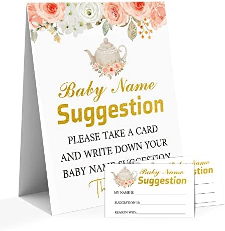 Cvjetna čajna zabava igra za tuširanje za bebe, prijedlog za bebe stojeći znak i 50 ulaznica za prijedloge imena, rodno otkrivanje