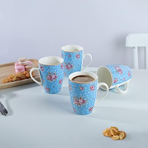 Fanquare 12oz krigle za kavu set od 4 za žene, cvjetni porculanski šalica za kavu, velike plave keramičke šalice za kavu za čaj, kapućin,