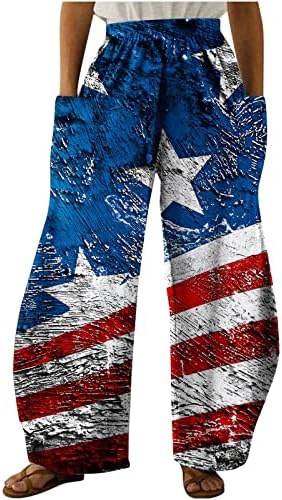 Hlače s američkom zastavom, ženske boho Palazzo hlače 2023, lanene hlače Na pruge sa zvijezdama SAD-a, ležerni domoljubni joggeri,