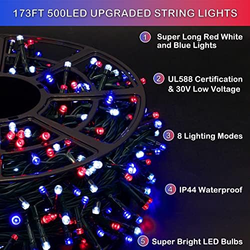 500 LED crvenih, bijelih i plavih svjetala, 173 stope, 8 načina osvjetljenja 4. srpnja, vodootporne zelene žice, domoljubne žice, priključne