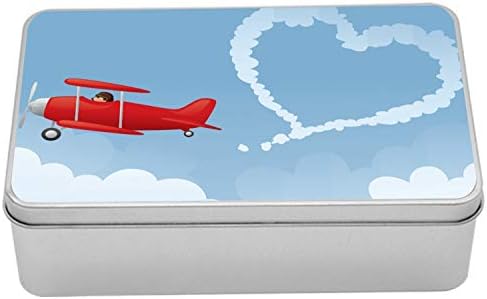 Ambasonne dim metalna kutija, pilot koji putuje nebom s vintage avionima ostavljajući staze u obliku srca, višenamjenski pravokutni