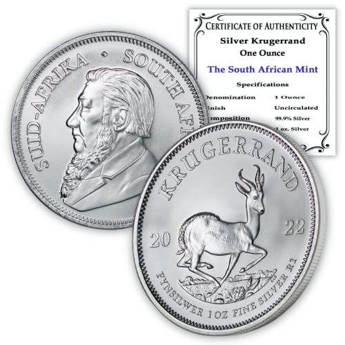 2022. Za puno od 1 oz Južnoafričke srebrne kovanice Krugerrand Brilliant necirkulirano s certifikatima o autentičnosti 1 Rand Bu