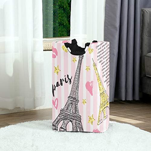 Eiffelov toranj ljubi ljubavno srce i zvijezde u ružičastim prugama velika košara za rublje sklopiva s ručkama Vodootporna izdržljiva