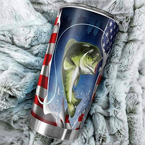 Attiubiuj Velika usta riba riba s poklopcem s poklopcem američke zastave Putnička šalica za kavu od nehrđajućeg čelika Vakuum izolirane