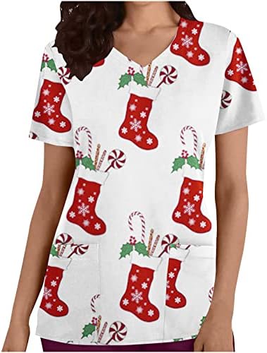 Vintage majice za žene, žene božićno drvce tiskaju majice kratke rukave vrhove posade za vrat Drvana tunična bluza