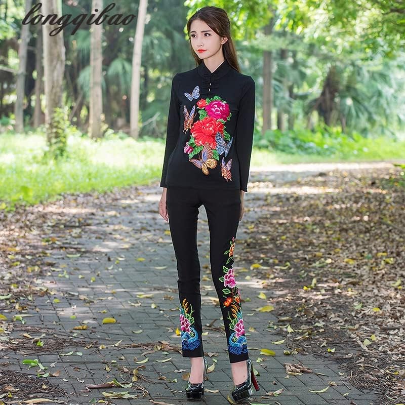 UKTZFBCTW Crne bijele hlače proljetne jeseni Žene velike veličine casual vez Cvjetovi mršavi elastični struk dugačka hlača crna s