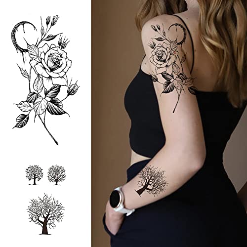 16 listova 3-inčni crni cvijet privremene tetovaže za žene tijelo ruka vrat vodootporne lažne tetovaže ruža suncokret mjesec Tetovaže