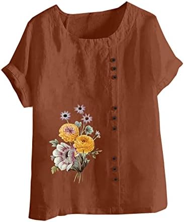 Ženska pamučna lanena majica slatke cvjetne majice majice kratkih rukava Plus size ležerna široka bluza s okruglim vratom s gumbima