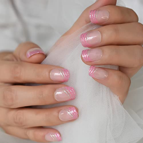 > - pritisak na nokte-sjajne linije sa srebrnim sjajem, ružičasti Francuski lažni nokti / UV gel premaz, kratki lažni nokti za višekratnu