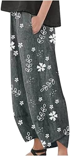 Ženske ljetne ležerne harem hlače Jednostavno cvjetno tiskano elastično struk labava udobna lanena hlača s džepom