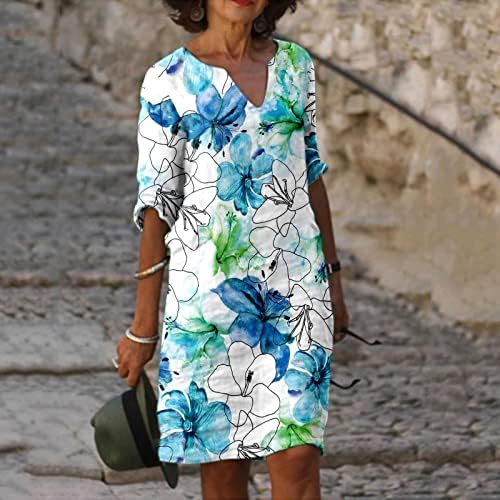 Beuu pamučna posteljina midi haljina za žene v vrat pola rukava cvjetni print dužina koljena haljina ljetne haljine na plaži sunčanica