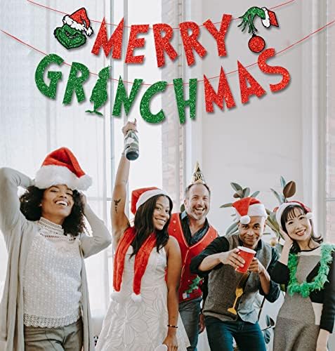 Cavla Glitter Merry Grinc-Hmas Banner Crveno zeleno blistavi božićni natpis Xmas Garland Banner Božićni zabavni ukrasi za kućni zid