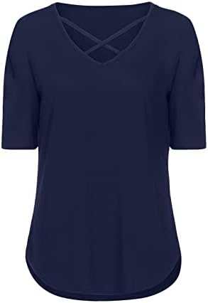 Ženski vrhovi casual v vrat kratki rukavi križa majica Summer bluza Čvrsta haljina tunika gornji zakrivljeni rub meke majice