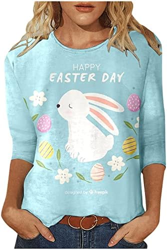 Uskrsne majice Košulje za žene ženske proljeće ljeto povremeni 3/4 rukav uskrsni tiskani vrat kratka košulja za tisak zeca