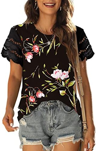 Kratki rukav 2023 Creveck cvjetni cvjetni grafički brunch majica za djevojčice jeseni ljetni čipkasti pamučni majica