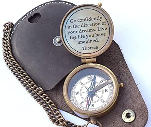 Thoreau's GO samouvjereno citiran ugravirani kompas s kožnim kožnim futrolom, kampiranje kompasa, kompas za plovidbu, poklon kompas,