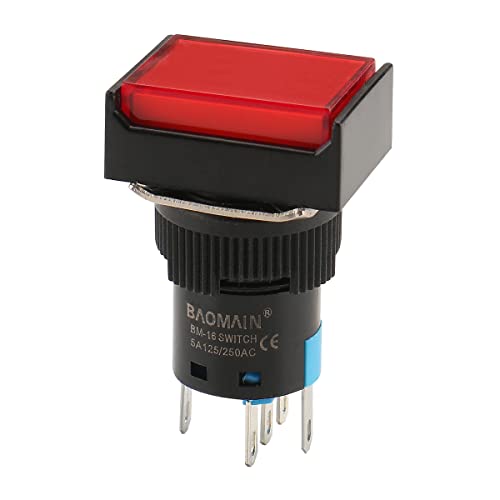 Baomain prekidač gumba 16 mm momentalni 1nc 1nc 24v Red Neon Light pravokutnik 5 pakiranje