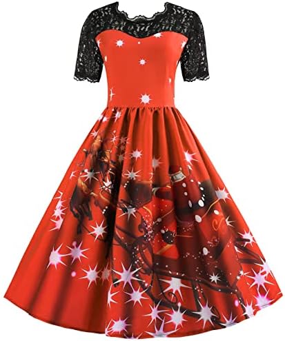 Božićna čajna haljina za žene, Vintage rockabilli ljuljačka haljina iz 1950-ih, čipkasta midi večernja haljina kratkih rukava