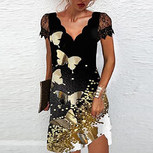 Ženska ležerna modna haljina s valovitim izrezom u obliku slova M i čipkastim umetkom kratkih rukava za koktel zabavu A kroja