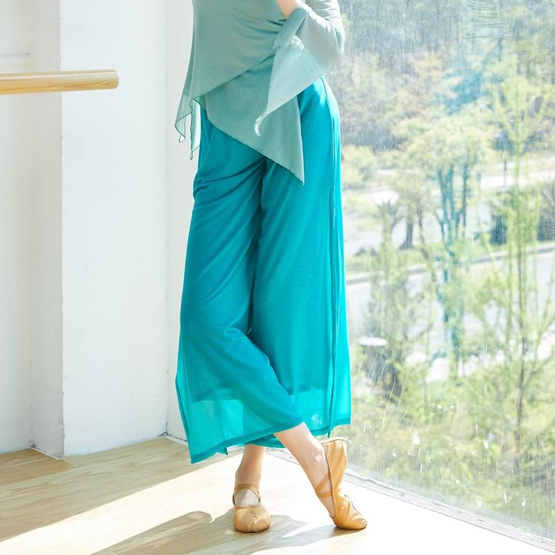VIJENEWFEAT Ženske vodene gaze hlače s širokim nogama Klasične plesne hlače dvoslojne plesne prakse odjeće sa bočnim prorezima