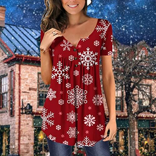 Žene božićna majica snježne pahuljice majice kratke rukave V-izrez tunika Tonika Sakrij trbuh labava protočna bluza casual košulja