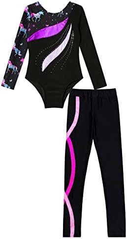 Loloda Gimnastika Sportska odjeća za djevojčice Djeca 2 komada Metalni leotar dugih rukava s aktivnim gamašama Set Dancewear