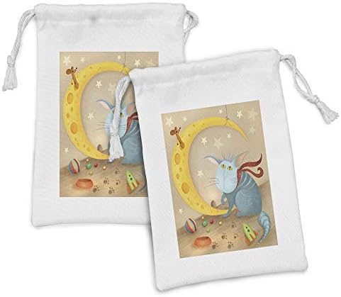 Ambasonne Smiješna torbica za tkaninu od 2, mačka i miš na polumjesecu šape sira u obliku moza, crtani film, mala vreća za vuču za