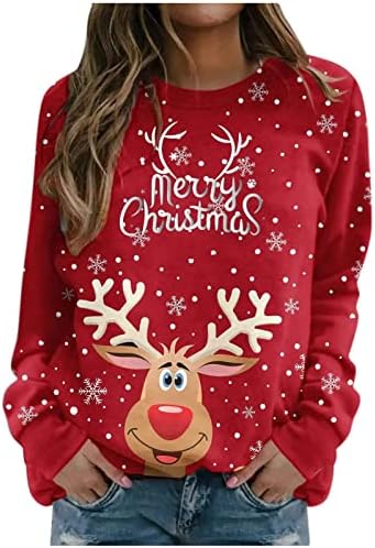 Sretan božićni ženski pulover vrhovi 2022 modna elk print majica s dugim rukavima okrugli vrat casual tunika tee bluza